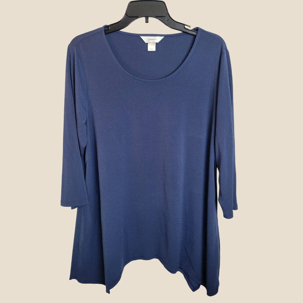 CJ Banks Tunic Top 3/4 Sleeve Sharkbite Hem Casual Minimalist Navy Blue Size X